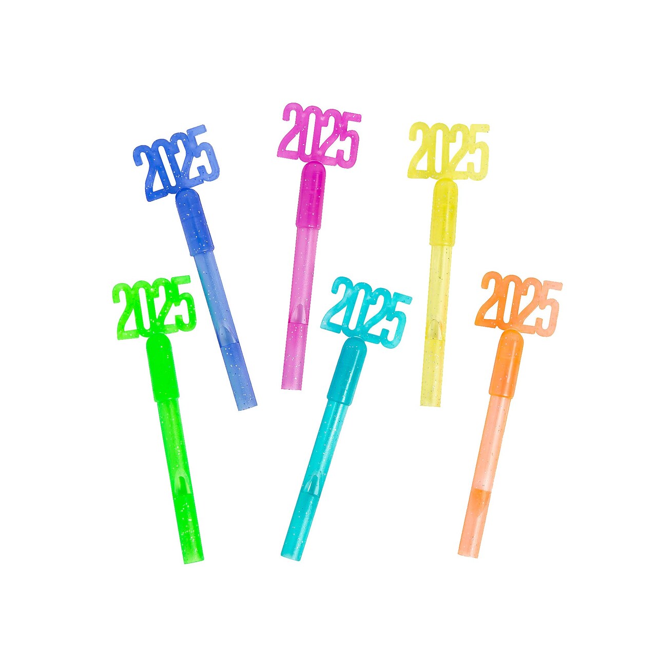 1" x 4" Bulk 72ct 2025 Glitter Brightly Colored Plastic Whistles